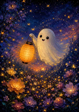 Cute Ghost Holding a Lantern in a Magical Garden