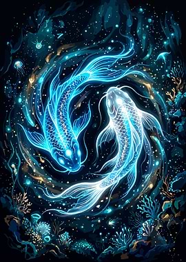 Two glowing koi fish in space