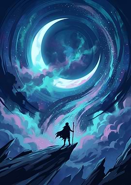 Fantasy Wanderer Under Giant Crescent Moon