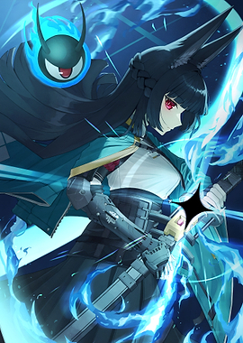 Anime Girl with Blue Flames and Sword