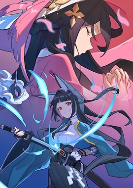Anime characters with swords and spirits