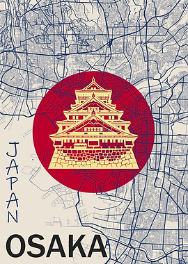 Osaka Japan Map Osaka city Castle Poster