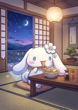 Cinnamoroll Eating Ramen in a Japanese Room