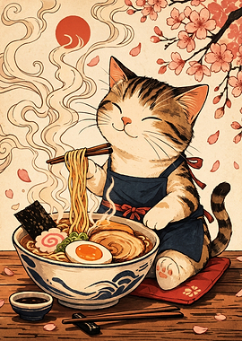 Cute Cat Enjoying Ramen