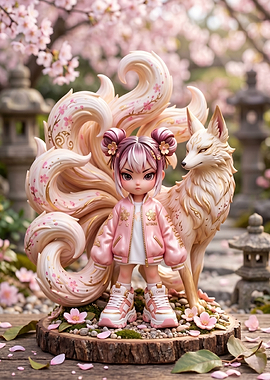 Cute Kitsune Girl and Fox Figurine