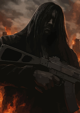 Man with Gun in Burning City
