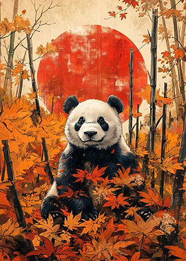 Panda in Autumn Leaves