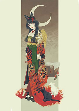 Kitsune Girl with Cats and Crescent Moon
