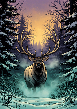 Majestic Elk in Snowy Forest