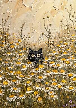 Black Cat in Daisy Field Painting