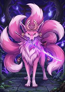 Pink Kitsune Warrior with Glowing Sword