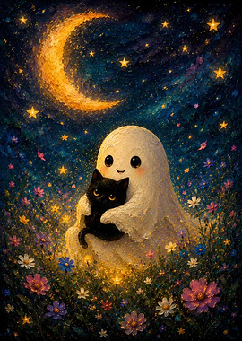 Cute Ghost Hugging Black Cat Under Moon