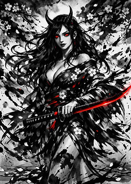 Demonic Woman with Red Eyes and Katana