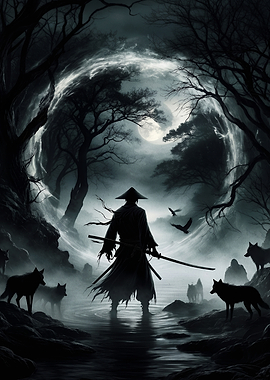 Samurai Warrior Confronts Wolves in Misty Forest