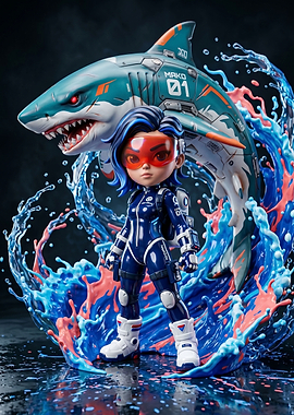 Cyberpunk Shark Girl and Mech Shark