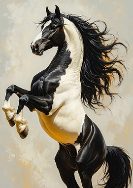Rearing Black and White Horse