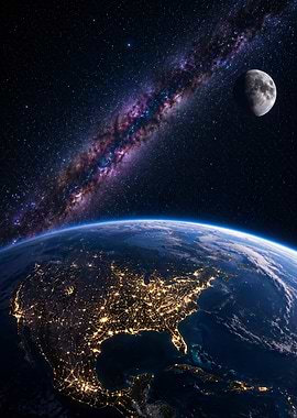 Earth, Moon, and Milky Way from Space