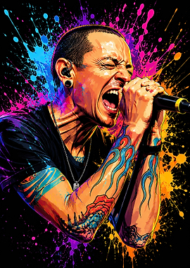Chester Bennington singing with paint splashes