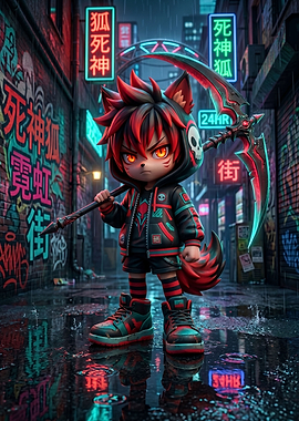 Anime Fox Character with Scythe in Neon City