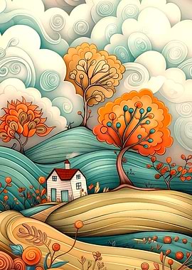Whimsical Landscape with House and Trees