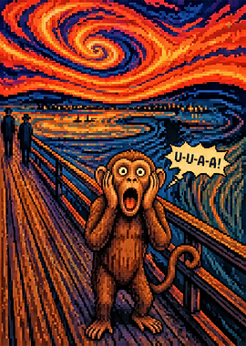Pixelated Monkey Screaming in Van Gogh Style