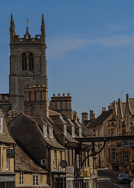 Historic Town Street with Church Tower