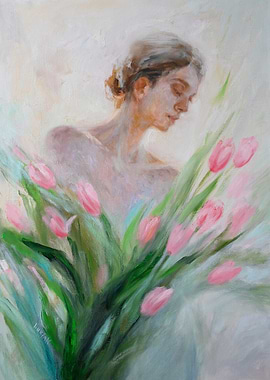 Woman with Pink Tulips