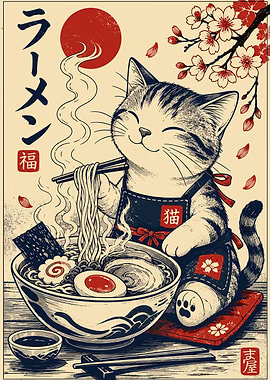 Cute Cat Eating Ramen