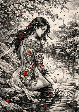 Tattooed Woman by Japanese Garden Pond