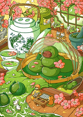 Cute Cats Enjoying Matcha Tea and Sweets