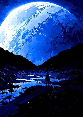 Lone figure under a giant moon
