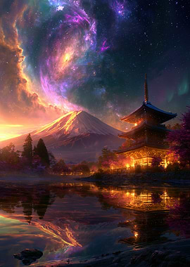 Mount Fuji Pagoda Galaxy Reflection