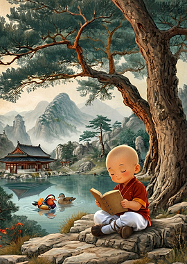 Monk Reading by a Serene Lake