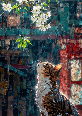 Cat Gazing at Cherry Blossoms
