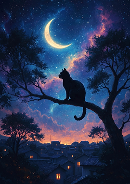 Black Cat on Tree Branch Under Crescent Moon