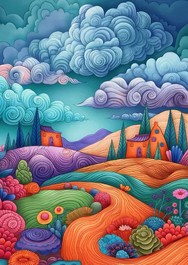 Whimsical Landscape with Rolling Hills and Clouds