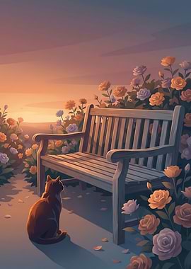Silhouette Cat by Wooden Garden Bench