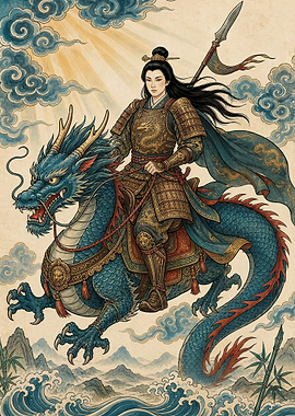 Warrior Riding a Blue Dragon