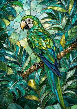 Stained Glass Parrot in Tropical Leaves