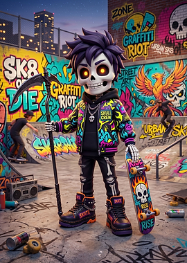 Skeleton Skater with Scythe and Skateboard