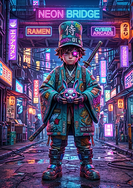 Cyberpunk Samurai Boy with Neon City