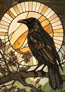Stained Glass Raven and Blossoms