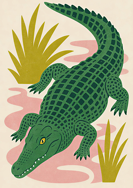 Green Crocodile in Water with Reeds