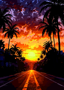 Sunset Road with Palm Trees