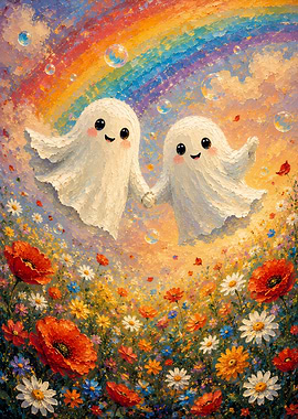 Cute Ghosts in a Flower Field