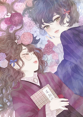 Two girls lying among flowers