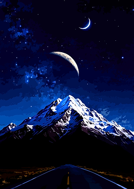 Night Mountain Road with Crescent Moons