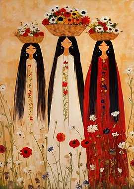 Three women carrying flower baskets