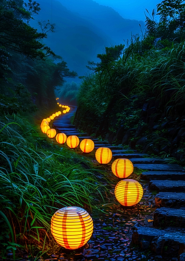 Lanterns illuminate a misty mountain path
