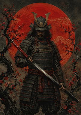 Samurai Warrior Under a Red Moon